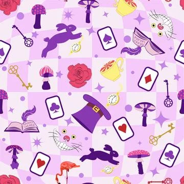 Wonderland pattern elements roses, rabbit, Cheshire cat, flamingo cards hat.. 스톡 일러스트