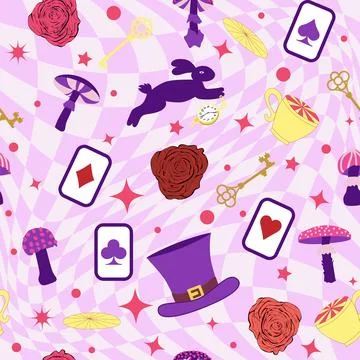 Wonderland pattern elements roses, rabbit, Cheshire cat, flamingo cards hat.. Stock Illustration
