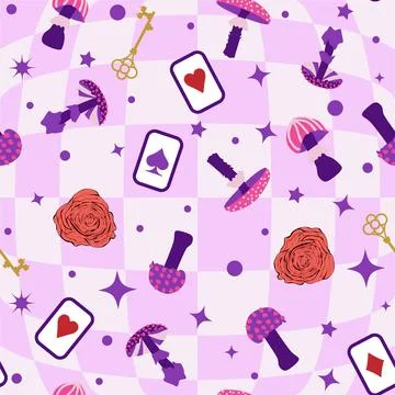 Wonderland pattern elements roses, rabbit, Cheshire cat, flamingo cards hat.. Illustrazione stock