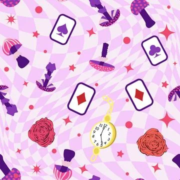 Wonderland pattern elements roses, rabbit, Cheshire cat, flamingo cards hat c Stock Illustration