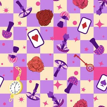 Wonderland pattern elements roses, rabbit, Cheshire cat, flamingo cards hat c Illustrazione stock