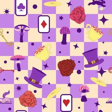 Wonderland pattern elements roses, rabbit, Cheshire cat, flamingo cards hat c Illustrazione stock