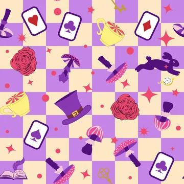 Wonderland pattern elements roses, rabbit, Cheshire cat, flamingo cards hat c 库存插图