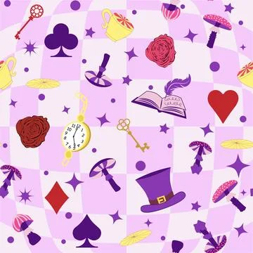 Wonderland pattern elements roses, rabbit, Cheshire cat, flamingo cards hat c 스톡 일러스트