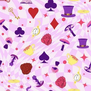 Wonderland pattern elements roses, rabbit, Cheshire cat, flamingo cards hat c 스톡 일러스트