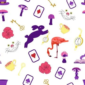 Wonderland pattern elements roses, rabbit, Cheshire cat, flamingo cards hat c 스톡 일러스트