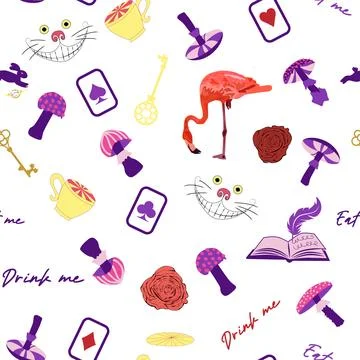 Wonderland pattern elements roses, rabbit, Cheshire cat, flamingo cards hat c 스톡 일러스트