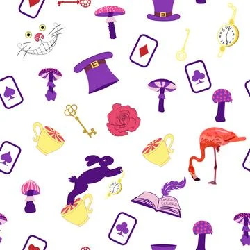 Wonderland pattern elements roses, rabbit, Cheshire cat, flamingo cards hat c 스톡 일러스트