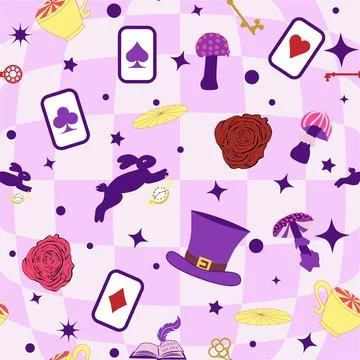 Wonderland pattern elements roses, rabbit, Cheshire cat, flamingo cards hat c Stock Illustration