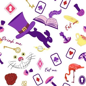 Wonderland pattern elements roses, rabbit, Cheshire cat, flamingo cards hat c 스톡 일러스트