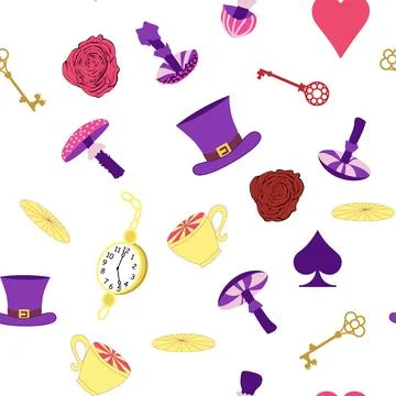 Wonderland pattern elements roses, rabbit, Cheshire cat, flamingo cards hat c Illustrazione stock
