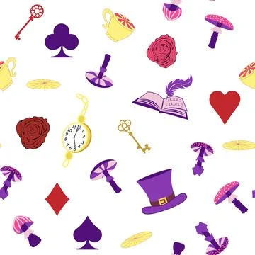 Wonderland pattern elements roses, rabbit, Cheshire cat, flamingo cards hat c 스톡 일러스트
