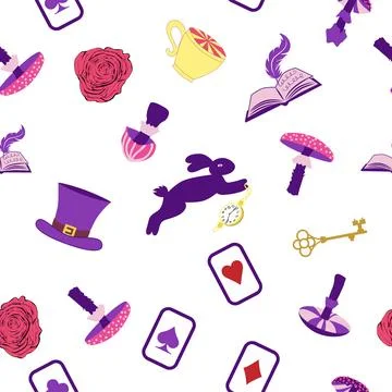 Wonderland pattern elements roses, rabbit, Cheshire cat, flamingo cards hat c イラスト素材