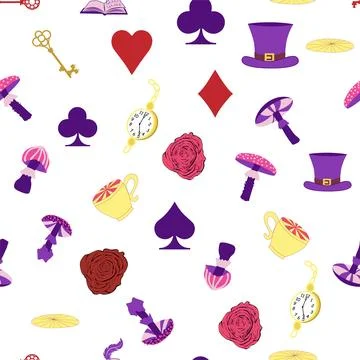 Wonderland pattern elements roses, rabbit, Cheshire cat, flamingo cards hat c 스톡 일러스트