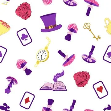 Wonderland pattern elements roses, rabbit, Cheshire cat, flamingo cards hat c 库存插图