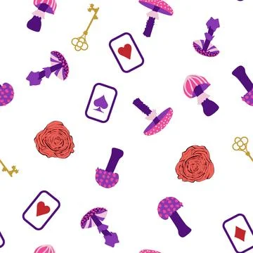 Wonderland pattern elements roses, rabbit, Cheshire cat, flamingo cards hat c Stock Illustration