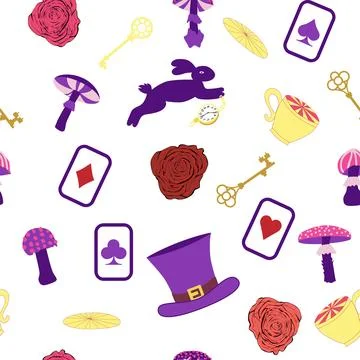 Wonderland pattern elements roses, rabbit, Cheshire cat, flamingo cards hat c 스톡 일러스트