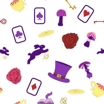 Wonderland pattern elements roses, rabbit, Cheshire cat, flamingo cards hat c Stock Illustration