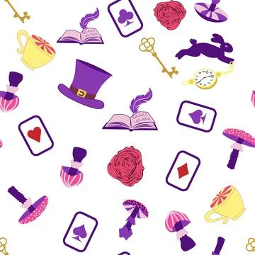 Wonderland pattern elements roses, rabbit, Cheshire cat, flamingo cards hat c Stock Illustration