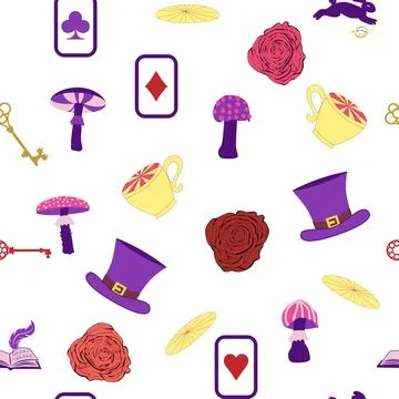 Wonderland pattern elements roses, rabbit, Cheshire cat, flamingo cards hat c Illustrazione stock