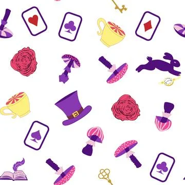 Wonderland pattern elements roses, rabbit, Cheshire cat, flamingo cards hat c Illustrazione stock