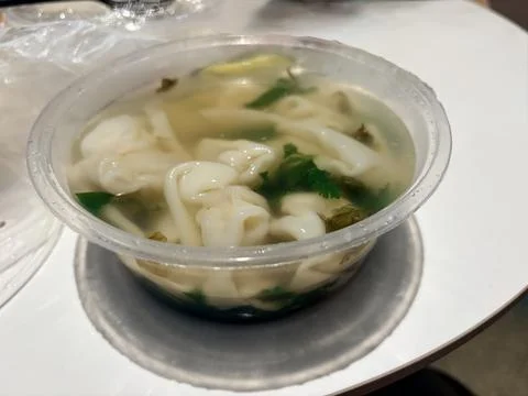 Wonton Soup in a Plastic Container Stock Photos