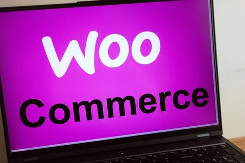 WooCommerce e-commerce plug-in for WordPress logo on laptop Stock Photos