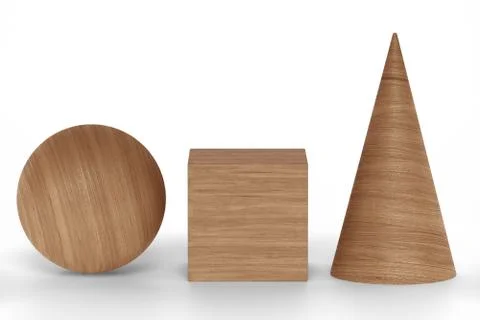 Wood 3D rendering figures geometric with shadows isolated on white Stock Illustration