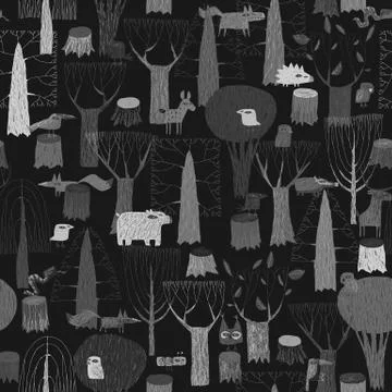 Wood Animals tapestry seamless pattern in grey Stock Illustration