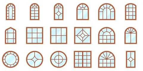 Wood Arched Window Frame With Sunburst Pattern Icon Set Stock Illustration