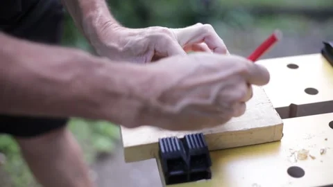 Wood block clock making, marking mechanism position, close up Stock Footage 156665052