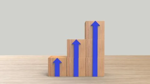 Wood block stacking as down stair with blue arrow up. Ladder career path conc Stock Photos