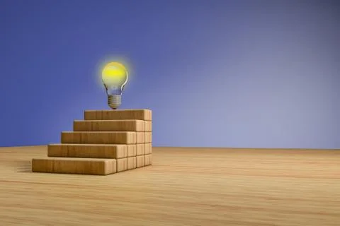 Wood block stacking as step stair with a light bulb on the top. Illustrazione stock