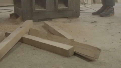 Wood Blocks Falling After Circular Saw in Wood Workshop in Slow Motion Stock Footage 107777464