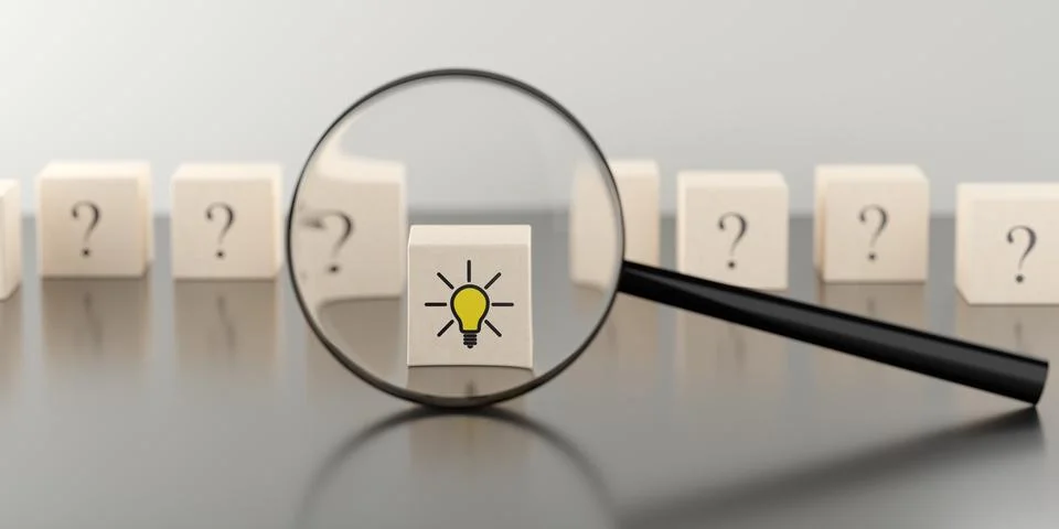 Wood blocks with question marks with cube with light bulb symbol in front t.. Stock Illustration