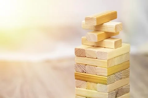 Wood blocks stack game with copy space, background. Concept of education, ris Stock Photos