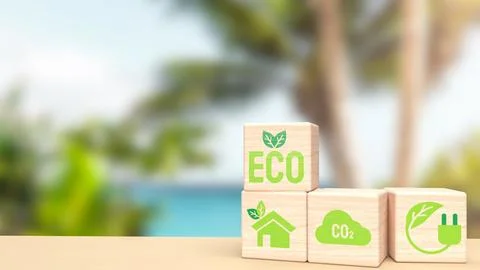The wood brick on table for eco or ecological concept 3d rendering. 스톡 일러스트