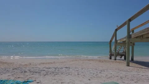 Wood Bridge Beach Access Bridge Blue Sunny Sky Waves Stock Footage 236867730