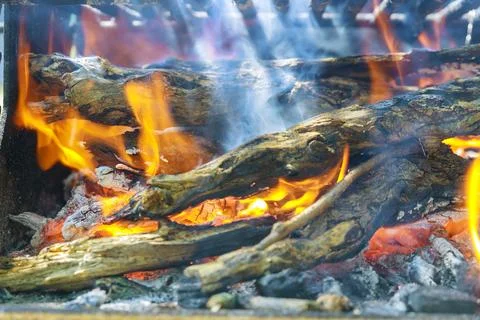 Wood burning in campfire creates inviting ambiance for outdoor gatherings. Stock Photos