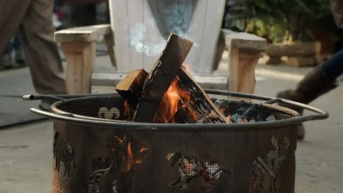Wood burning fire pit. Slow Motion 4K. Stock Footage 100003889