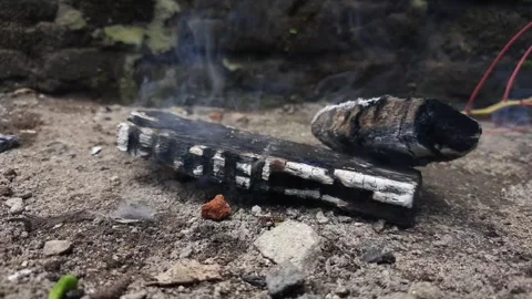 The wood burns until it becomes charcoal and smokes Stock Footage 331429675
