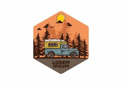Wood campervan in the forest illustration Stock Illustration