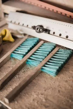 Wood carpentry tools at workshop. Brushes and ruler Stock Photos