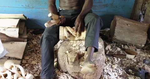 Wood carver chisel art work statue Accra Ghana Africa 4K Stock Footage 157284498