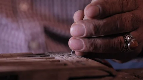 Wood carving craft patterns, slow motion Stock Footage 103626680