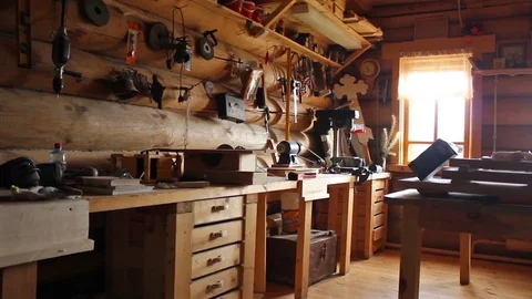 Wood carving workshop, wide angle, HD. Stock Footage 72220181