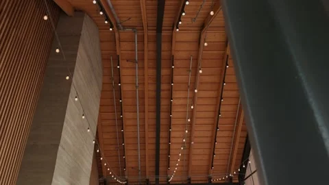 Wood Ceiling and String Lights with Wide Angle Reverse Reveal Stock-Footage 339990431