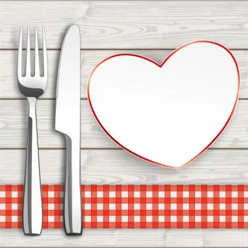 Wood Checked Table Cloth Knife Fork Heart Stock Illustration