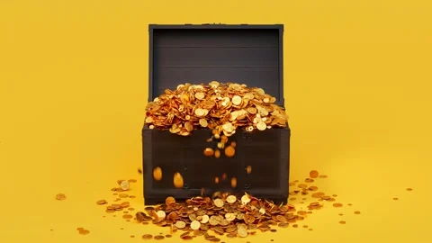 The wood chest is opening and exploding of golden coins. A precious treasure. Stock Footage 139702739