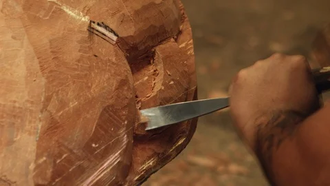 Wood chips peeling off carving from chisel Stock Footage 89594309